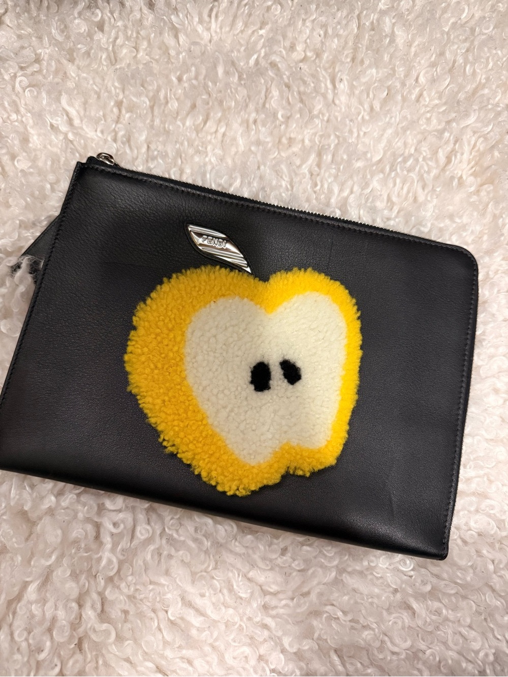 Fendi Black Leather Clutch with Yellow and Cream Apple Patch